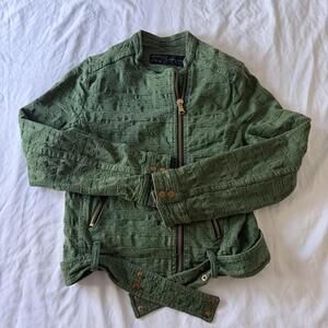 Zara Basic Women’s Green Jacquard Quilted Bomber Jacket Size S Belted Zip